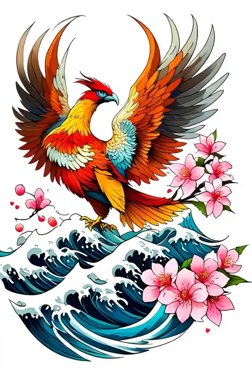 Phoenix Tattoo With Waves And Cherry Blossoms Arm Sleeve