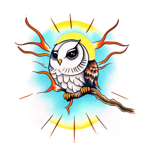 Owl Sitting On Branch With Sun Behind It