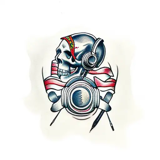 A Traditional Tattoo Of A Skull Wearing Headphones And Holding A Paintbrush