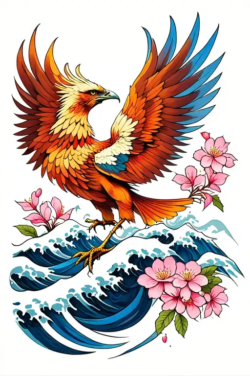 Phoenix Tattoo With Waves And Cherry Blossoms