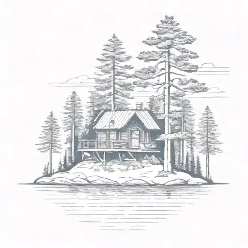 Island With Pine Tree Surrounding A Simple Cabin