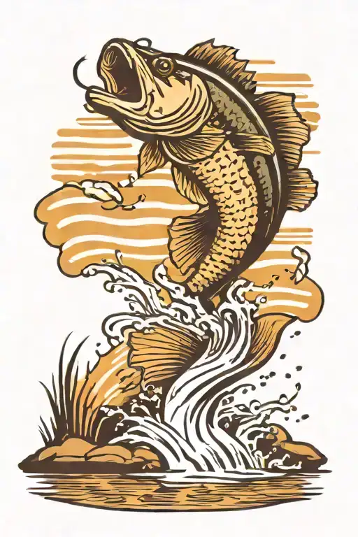 Bass Jumping Out Of A Lake With Sunset In The Background And American Flag Lure