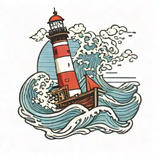 A Boat Crashing Through A Wave By A Lighthouse Simple