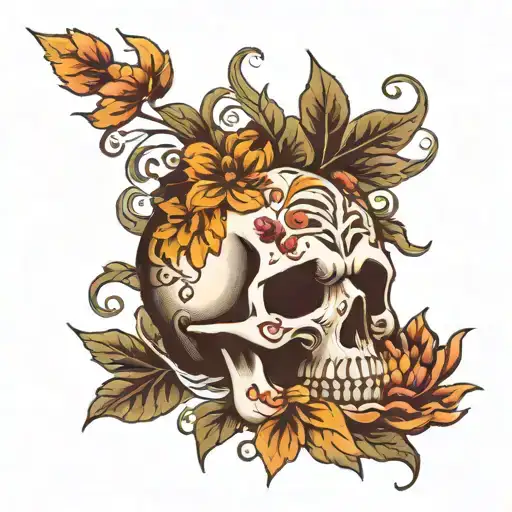 Skull With Chrysanthemum With Japanese Waves