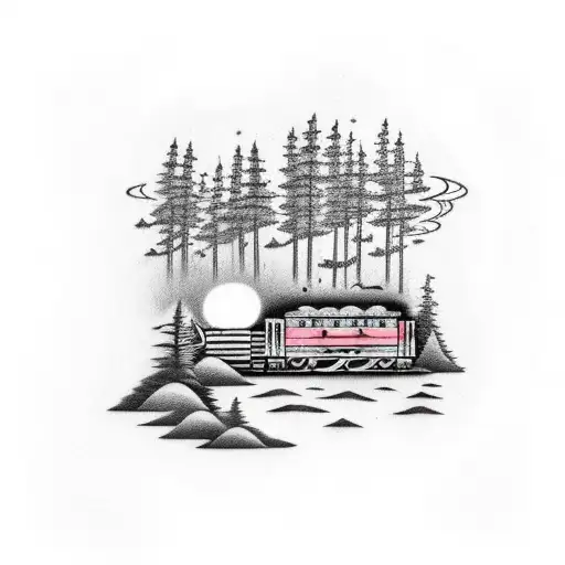 A Train Passing Through A Forest With Musical Notes Floating In The Air