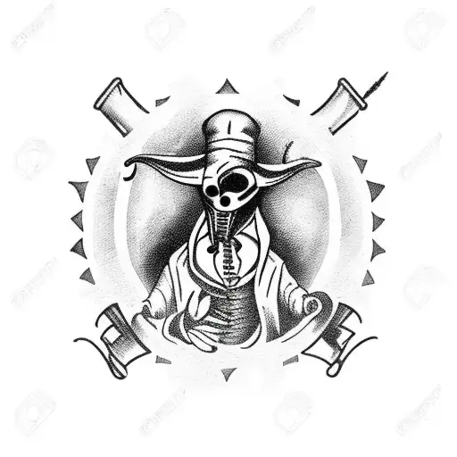 Plague Doctor Standing Over Hourglass With A Banner That Says Memento Mori