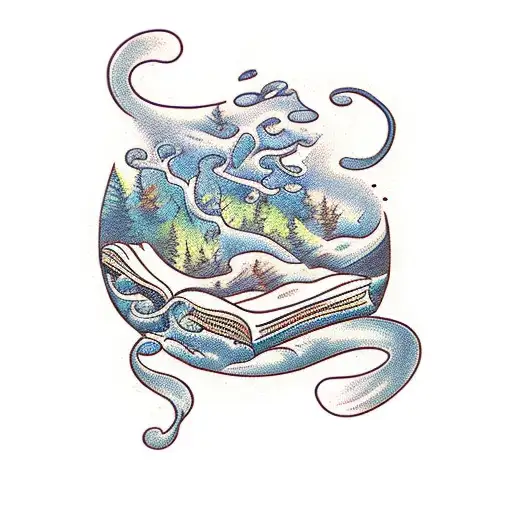 A Book With Pages Made Of Flowing Water And Trees Growing From Within