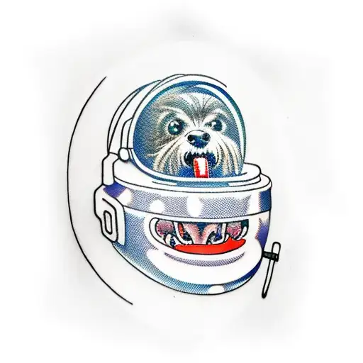 Morkie Dog With Tongue Hanging From Right Side Of Mouth Wearing A Space Helmet