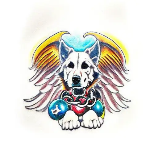 Cerberus On A Chain Leash Being Held By An Angel