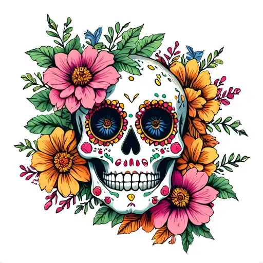 Sugar Skull Surrounded With Flowers