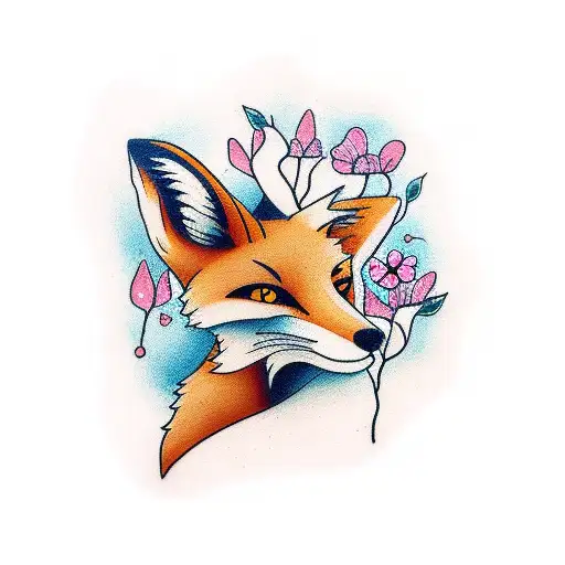 Full Body Fox With Wildflowers And Mushrooms Growing Out Of The Fox