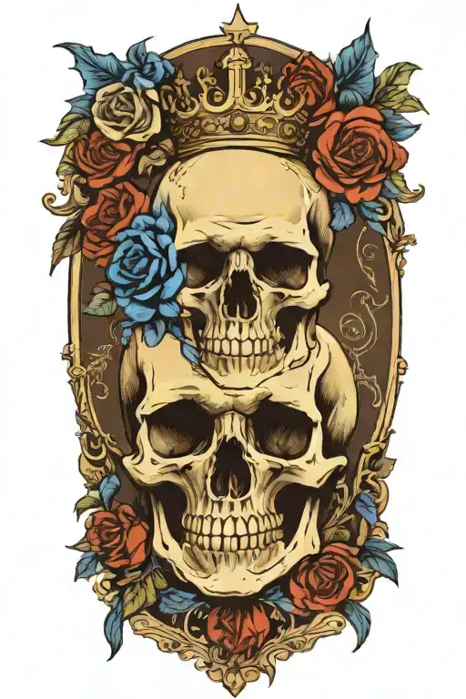 Skull Wearing Crown With Raven And Blue Roses