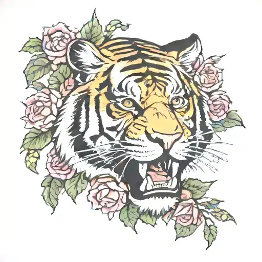 Half Tiger Face With Flowers