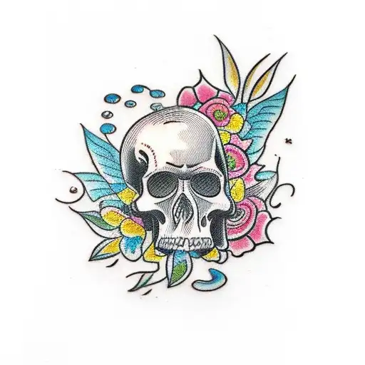 A Traditional Tattoo Design Showcasing A Waterfall Surrounded By Flowers And Adorned With Skulls