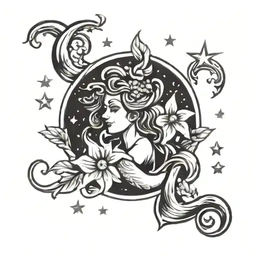 Aquarius With Moon Stars Flowers Intertwined