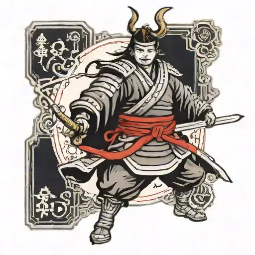 Samurai With Two Swords Walking Towards A Red Circle Inside A Playing Card