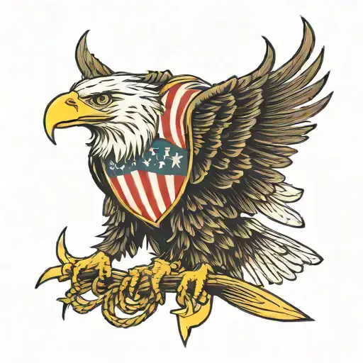Bald Eagle With American Flag And Gold Arrows In Talons