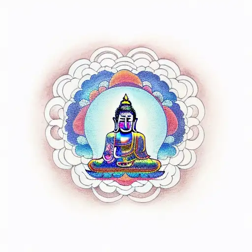 Buddha Meditating With A Background Of Traditional Korean Architecture