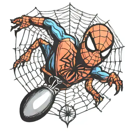 Spider From Spiderman On Web With Boxing Gloves Hanging