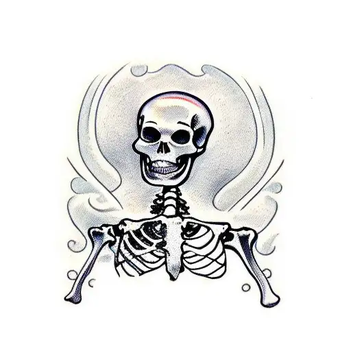 Skeleton Sitting In A Wooden Casket With A Pistol To His Head