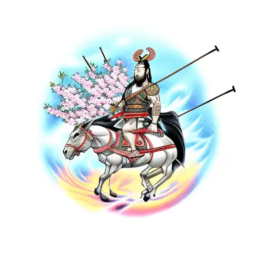 Japanese God Hachiman From The Game Smite Riding A Horse Holding Bow In Front Of Cherry Blossom Tree