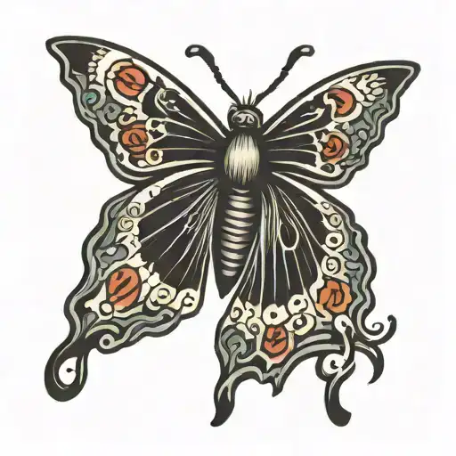 A Traditional Style Tattoo Of A Butterfly With A Leo Symbol Integrated Into The Wings