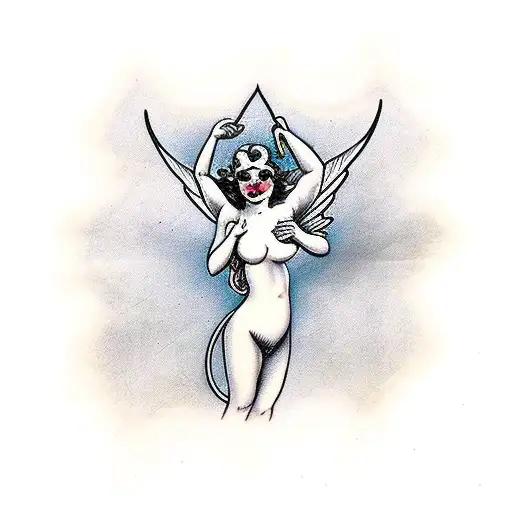 Beautiful Nude Woman Cupid Devil Wings Pulling Back Arrow Ready To Release