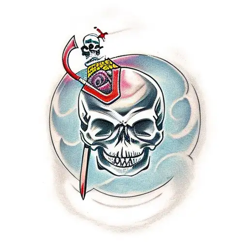 Smiling Skull With A Sword Through Its Eyes Horizontally
