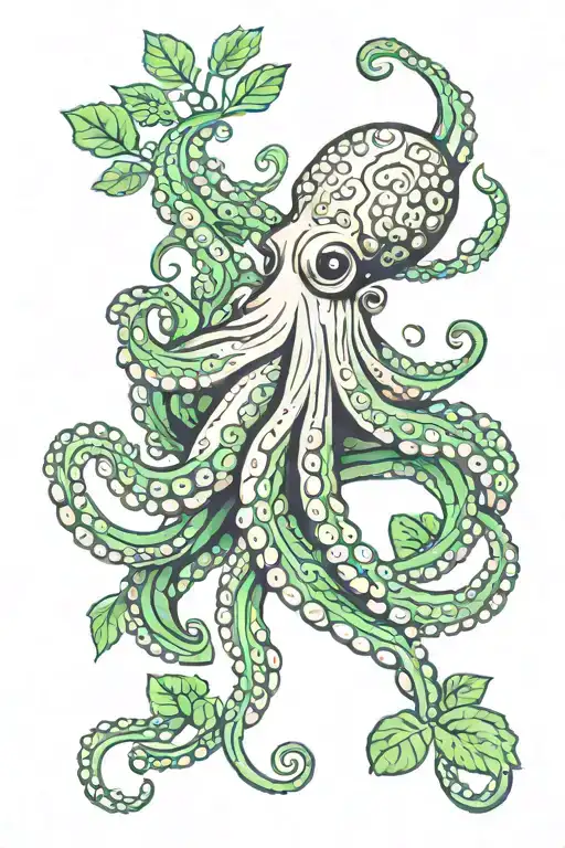 Cute Octopus And Green Leaves Thick Lines Connecting Different