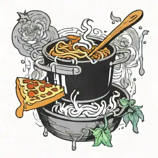 An Anime-inspired Tattoo Of A Magical Lasagna Being Cooked By A Witch