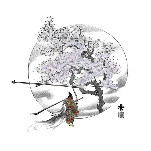 Japanese God Hachiman From The Game Smite Riding A Horse Holding Bow In Front Of Cherry Blossom Tree