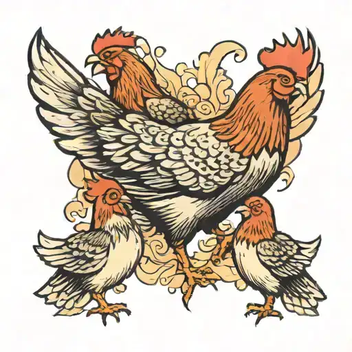 Mother Hen With 3 Chicks Under Her Wings Spread