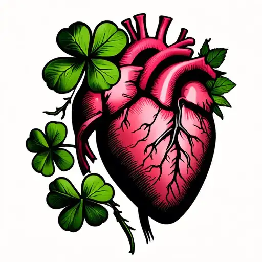 Rose And Four Leaf Clover Inside Anatomical Heart