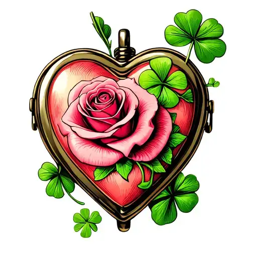 Rose And Four Leaf Clover Inside Anatomical Heart Shaped Locket