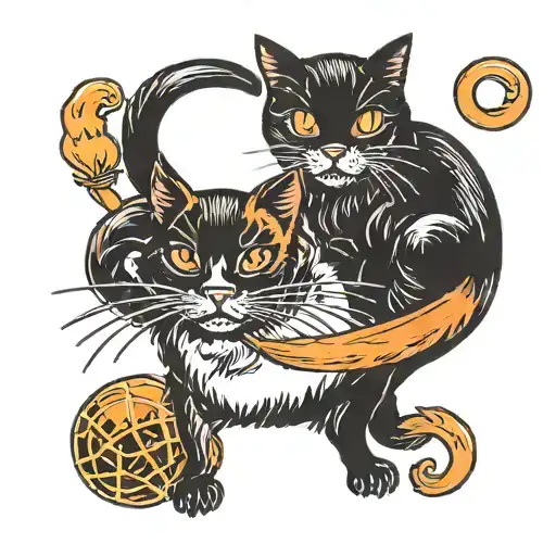 A Black Cat And An Orange Cat With Tails Hooked Together