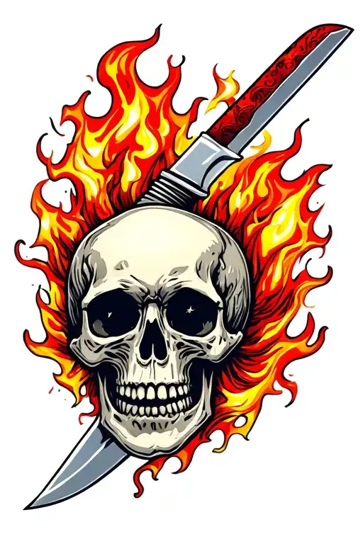 Skull With Flaming Knife Through Its Head