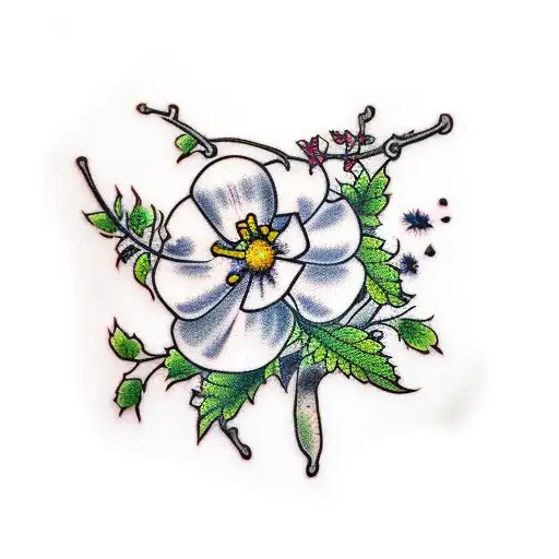 White Hawthorn Blossom With Bee