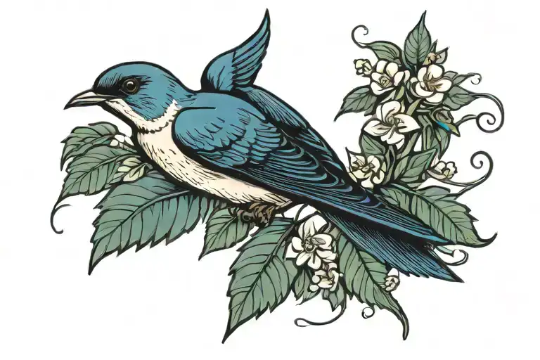 American Traditional Swallow Holding Leafing Vine Thin Long