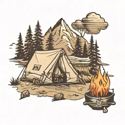 River Mountains Trees Tent Campfire Compass