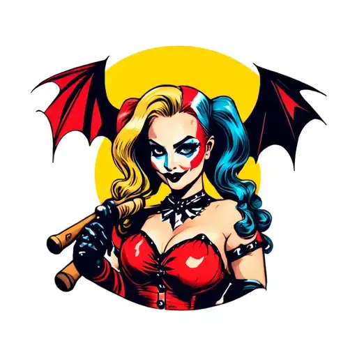 Harley Quinn Cartoon Tattoo Holding Bat