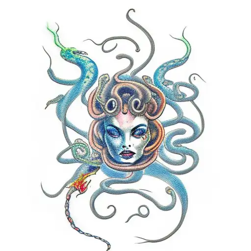 Medusa Aquarela With Snakes In Flames