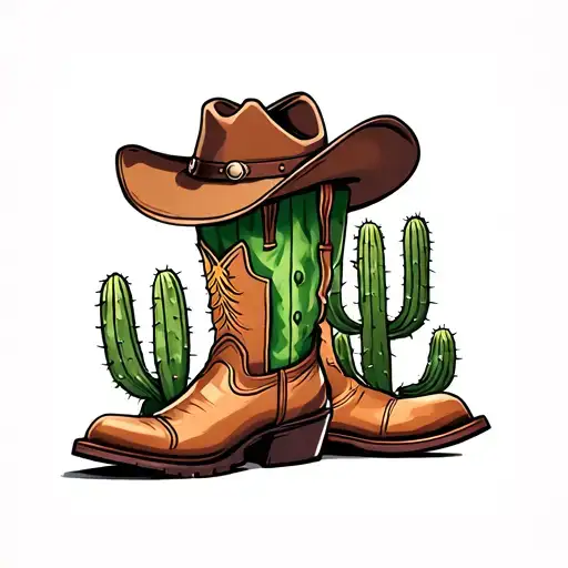 Cactus With Cowboy Hat Next To Cowboy Boots