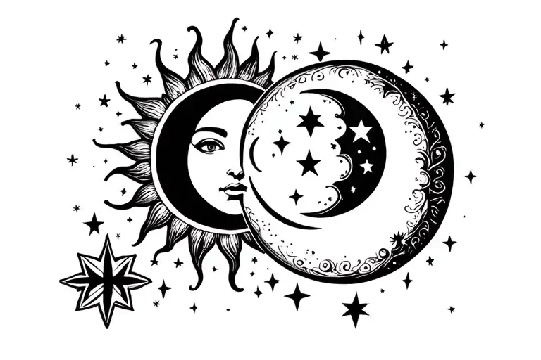 Sun And Moon Surrounded By Stars Shining