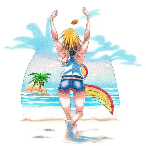 An Anime-inspired Beach Scene With A Student Studying Under A Palm Tree