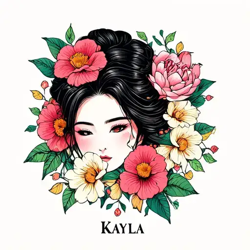Kayla Name With Asian Face And Flowers Intertwined