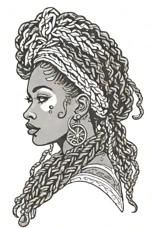 African American Pinup Girl Side Profile Freckles Tattoos And Dark Skin With Box Braids