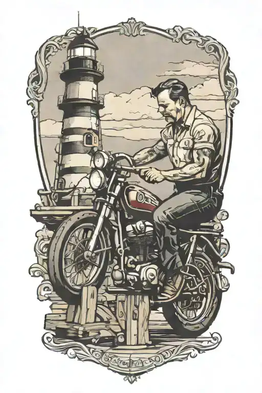 A Carpenter Building A Motorcycle With A Lighthouse In The Background