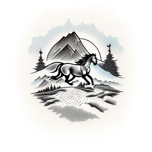 A Running Horse With Mountains And Trees Behind It