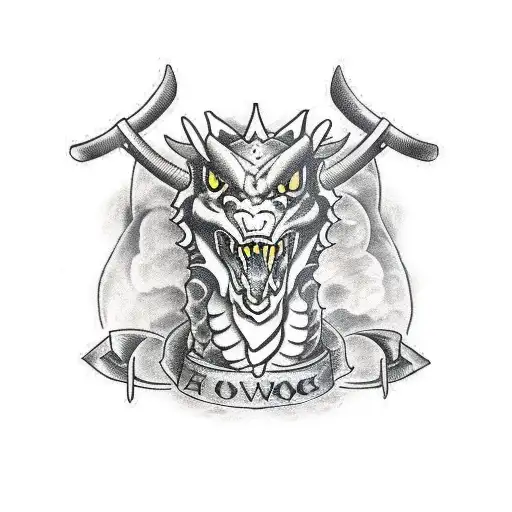Dragon Head With Viking Sword And Axe