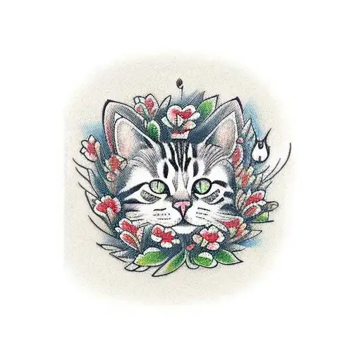 A Traditional Style Tattoo Of A Cat Lounging In A Field Of Flowers From Around The World